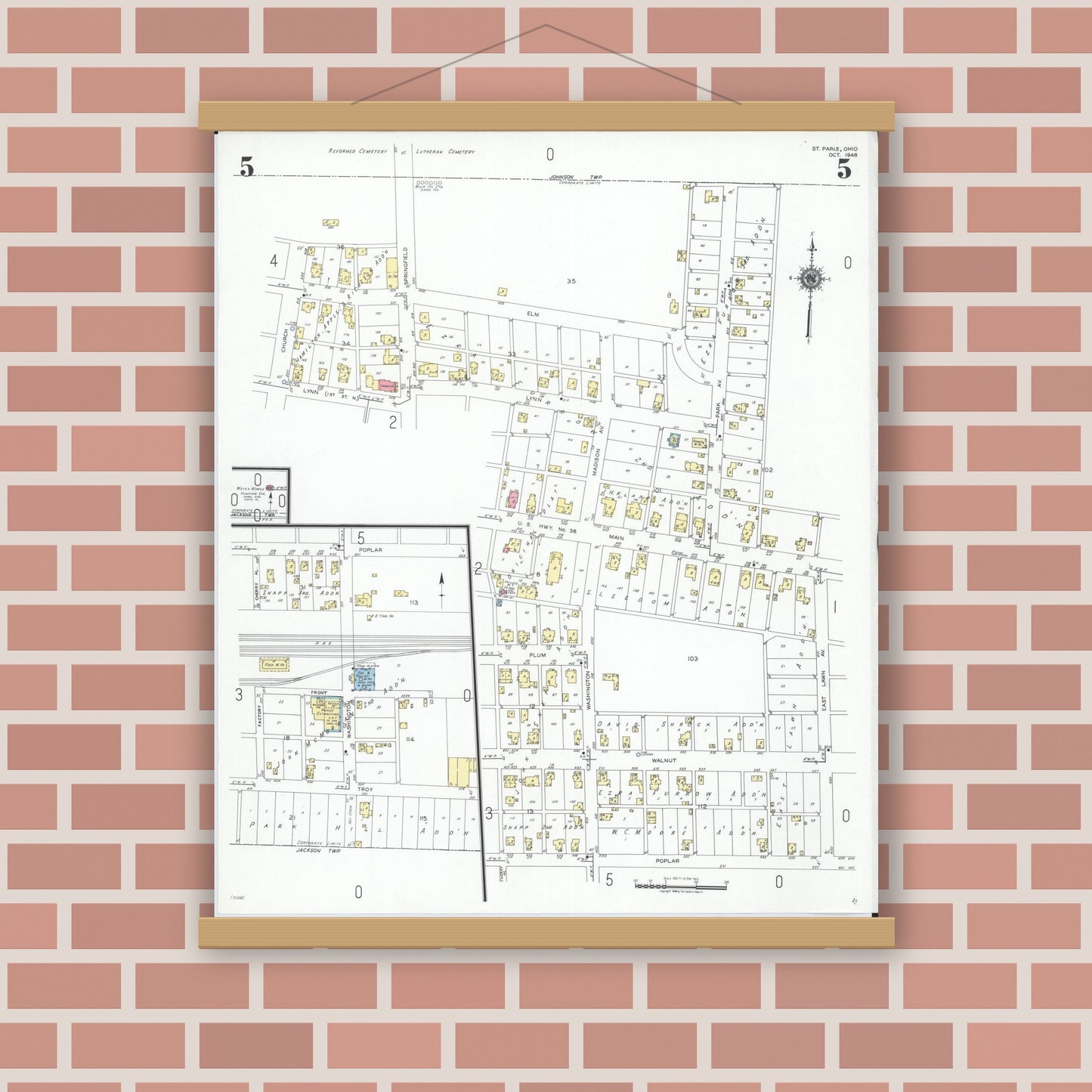Old map wall art mockup — magnetic wood frame on brick wall — Sanborn Fire Insurance Map from Saint Paris, Champaign County, Ohio (1948), Sheet #0005