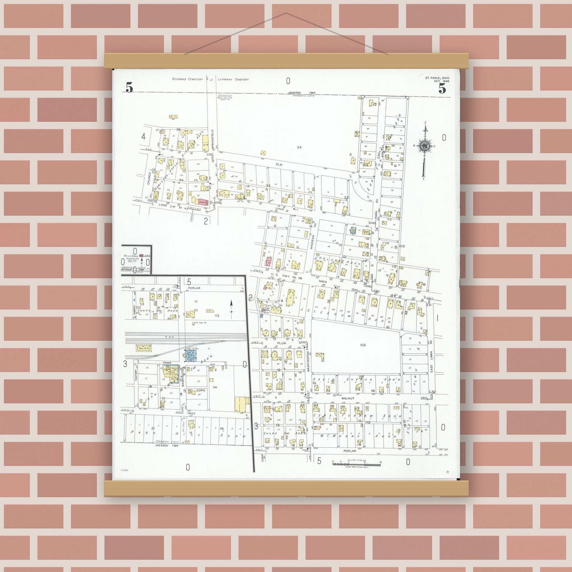 Old map wall art mockup — magnetic wood frame on brick wall — Sanborn Fire Insurance Map from Saint Paris, Champaign County, Ohio (1948), Sheet #0005