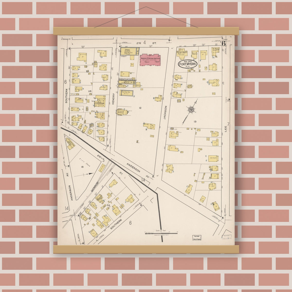 Old map wall art mockup — magnetic wood frame on brick wall — Sanborn Fire Insurance Map from Fort Myers, Lee County, Florida (1922), Sheet #0006