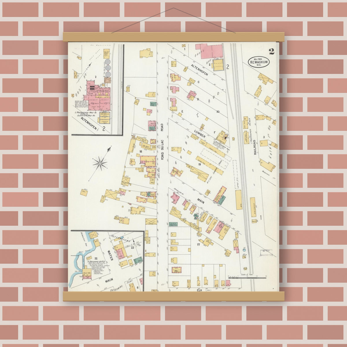 Old map wall art mockup — magnetic wood frame on brick wall — Sanborn Fire Insurance Map from Kewaskum, Washington County, Wisconsin (1900), Sheet #0002
