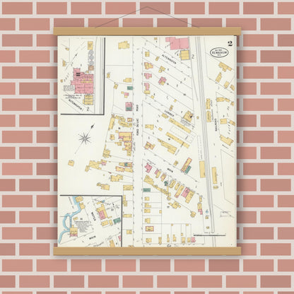 Old map wall art mockup — magnetic wood frame on brick wall — Sanborn Fire Insurance Map from Kewaskum, Washington County, Wisconsin (1900), Sheet #0002