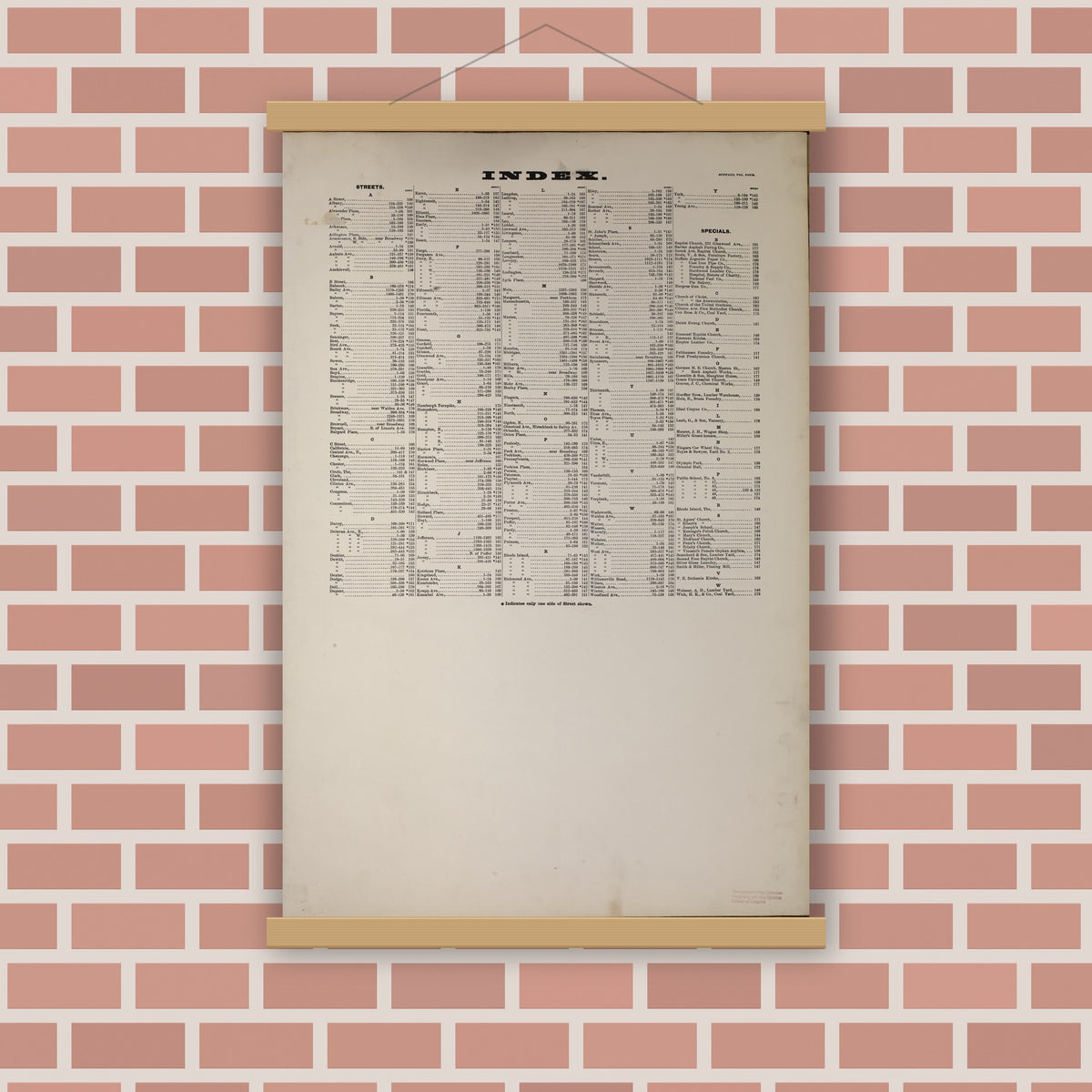 Old map wall art mockup — magnetic wood frame on brick wall — Sanborn Fire Insurance Map from Buffalo, Erie County, New York (1893), Sheet #0001