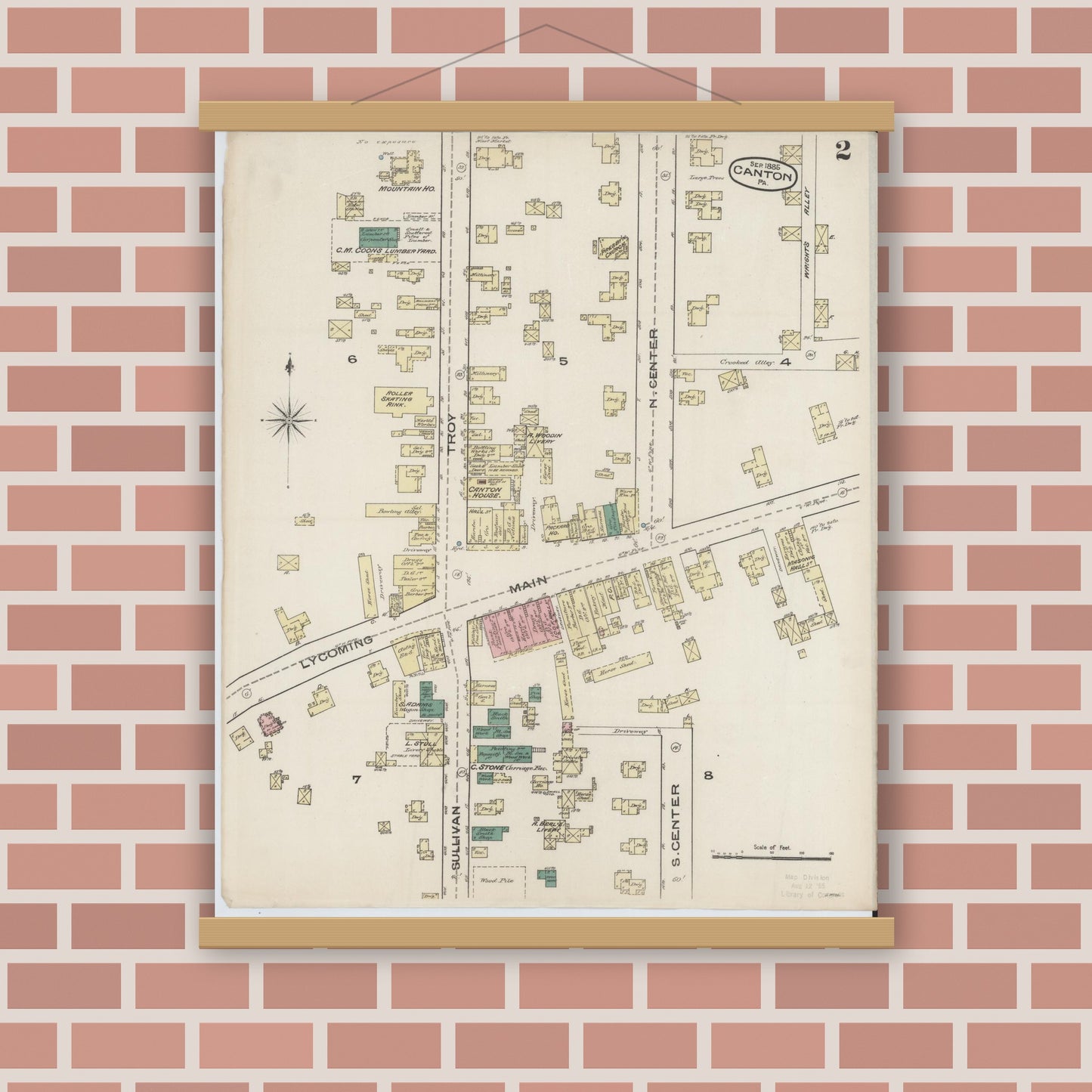 Old map wall art mockup — magnetic wood frame on brick wall — Sanborn Fire Insurance Map from Canton, Bradford County, Pennsylvania (1885), Sheet #0002