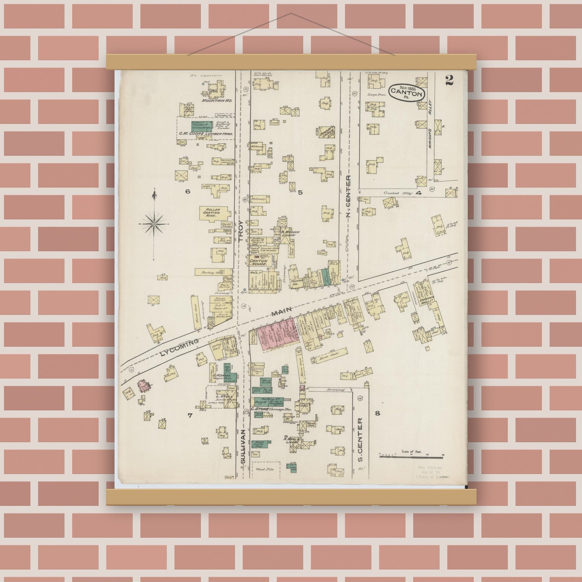 Old map wall art mockup — magnetic wood frame on brick wall — Sanborn Fire Insurance Map from Canton, Bradford County, Pennsylvania (1885), Sheet #0002