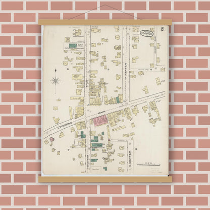 Old map wall art mockup — magnetic wood frame on brick wall — Sanborn Fire Insurance Map from Canton, Bradford County, Pennsylvania (1885), Sheet #0002