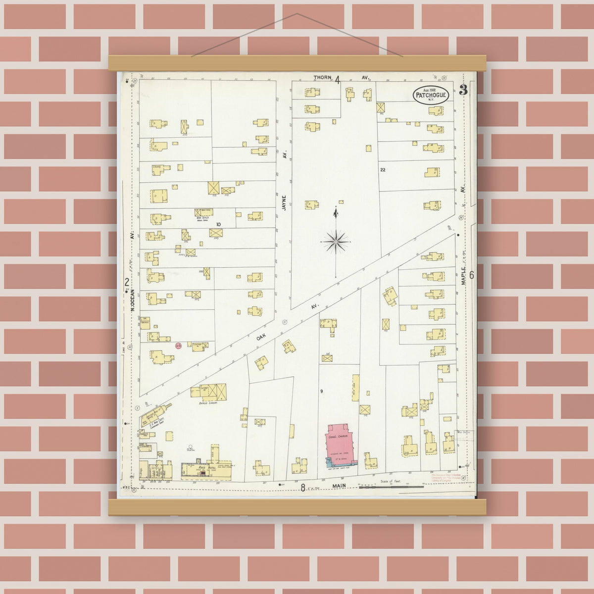 Old map wall art mockup — magnetic wood frame on brick wall — Sanborn Fire Insurance Map from Patchogue, Suffolk County, New York (1902), Sheet #0003