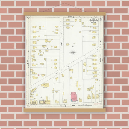 Old map wall art mockup — magnetic wood frame on brick wall — Sanborn Fire Insurance Map from Patchogue, Suffolk County, New York (1902), Sheet #0003