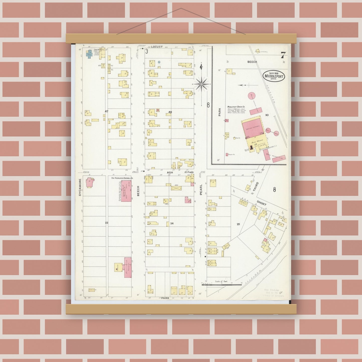 Old map wall art mockup — magnetic wood frame on brick wall — Sanborn Fire Insurance Map from Middleport, Meigs County, Ohio (1908), Sheet #0007