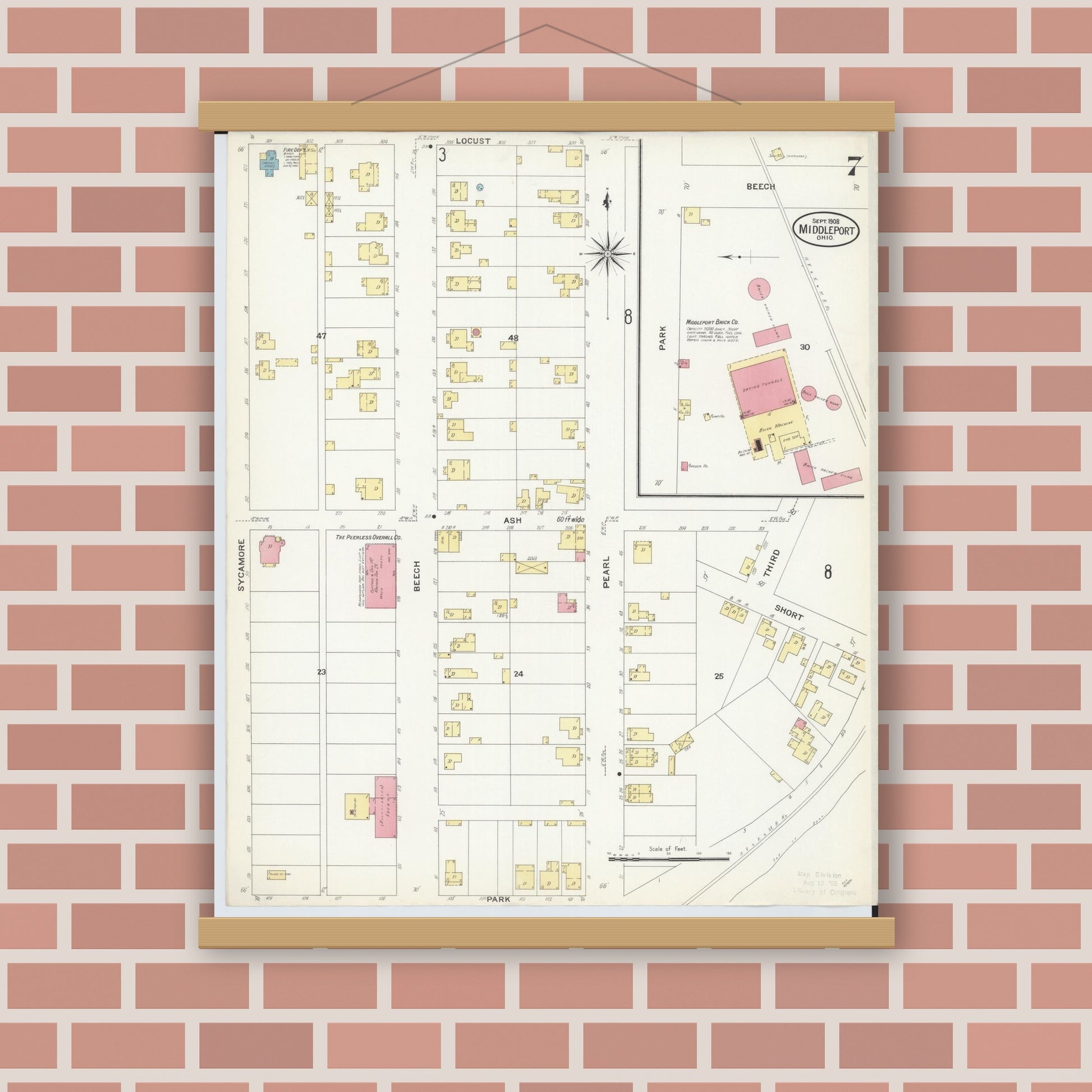 Old map wall art mockup — magnetic wood frame on brick wall — Sanborn Fire Insurance Map from Middleport, Meigs County, Ohio (1908), Sheet #0007