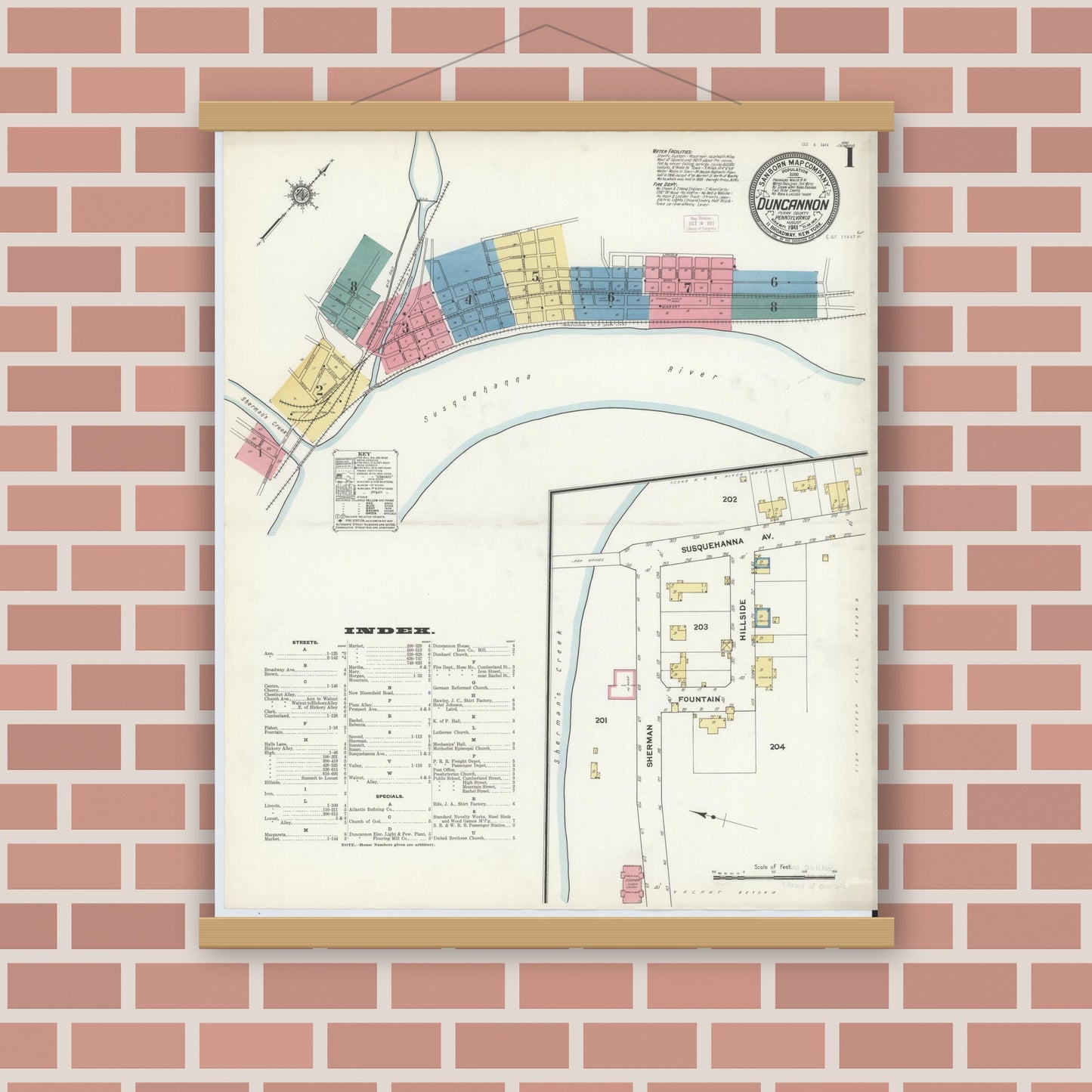 Old map wall art mockup — magnetic wood frame on brick wall — Sanborn Fire Insurance Map from Duncannon, Perry County, Pennsylvania (1911) - Complete Map Set