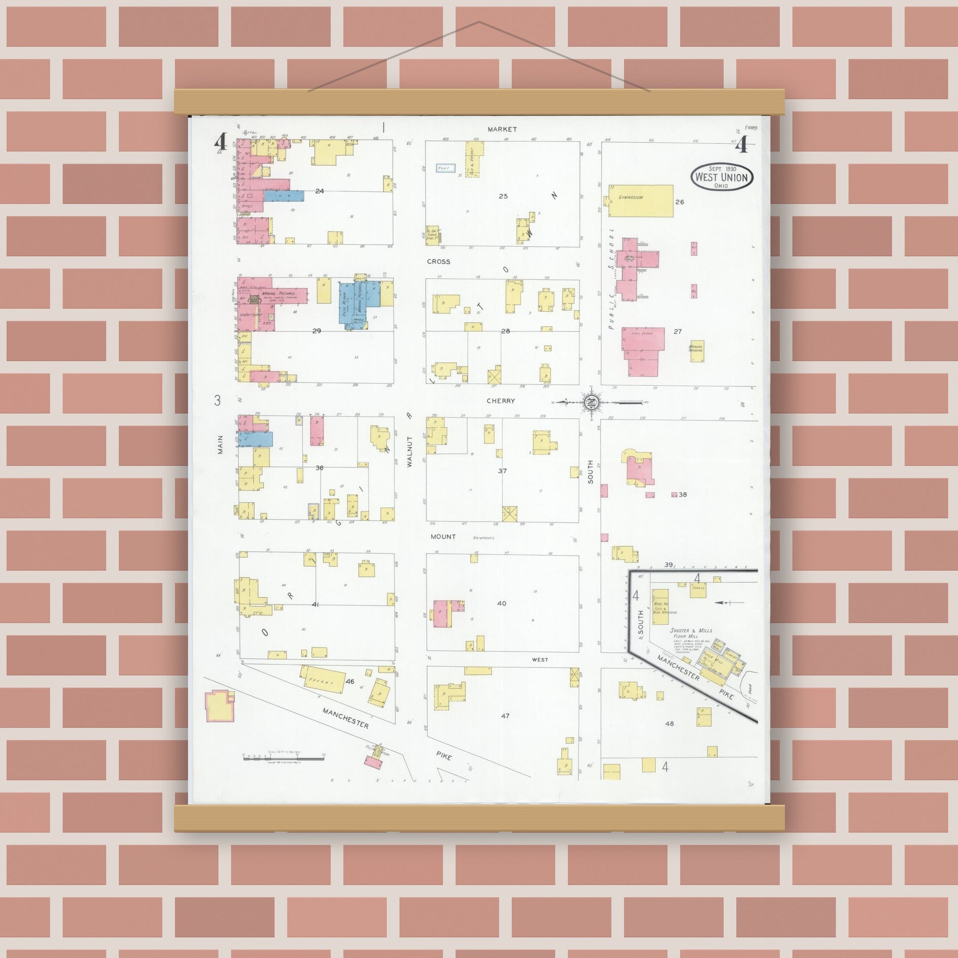 Old map wall art mockup — magnetic wood frame on brick wall — Sanborn Fire Insurance Map from West Union, Adams County, Ohio (1930), Sheet #0004
