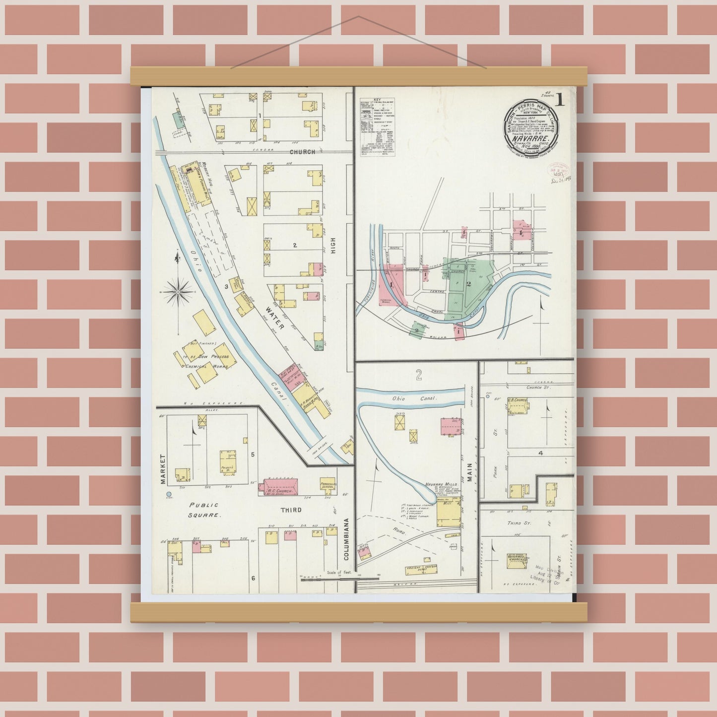 Old map wall art mockup — magnetic wood frame on brick wall — Sanborn Fire Insurance Map from Navarre, Stark County, Ohio (1895) - Complete Map Set