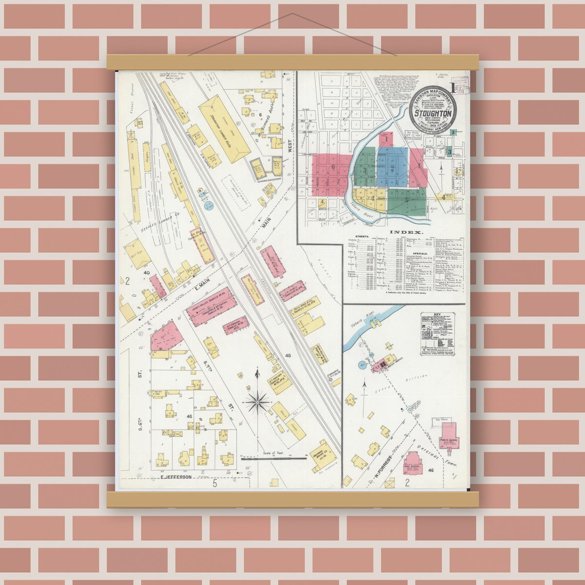 Old map wall art mockup — magnetic wood frame on brick wall — Sanborn Fire Insurance Map from Stoughton, Dane County, Wisconsin (1904) - Complete Map Set
