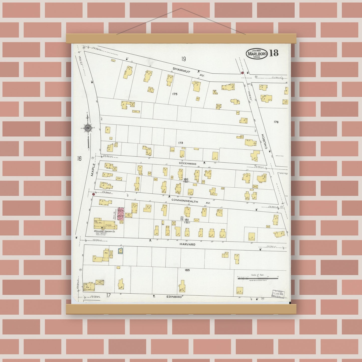 Old map wall art mockup — magnetic wood frame on brick wall — Sanborn Fire Insurance Map from Marlborough, Middlesex County, Massachusetts (1920), Sheet #0018