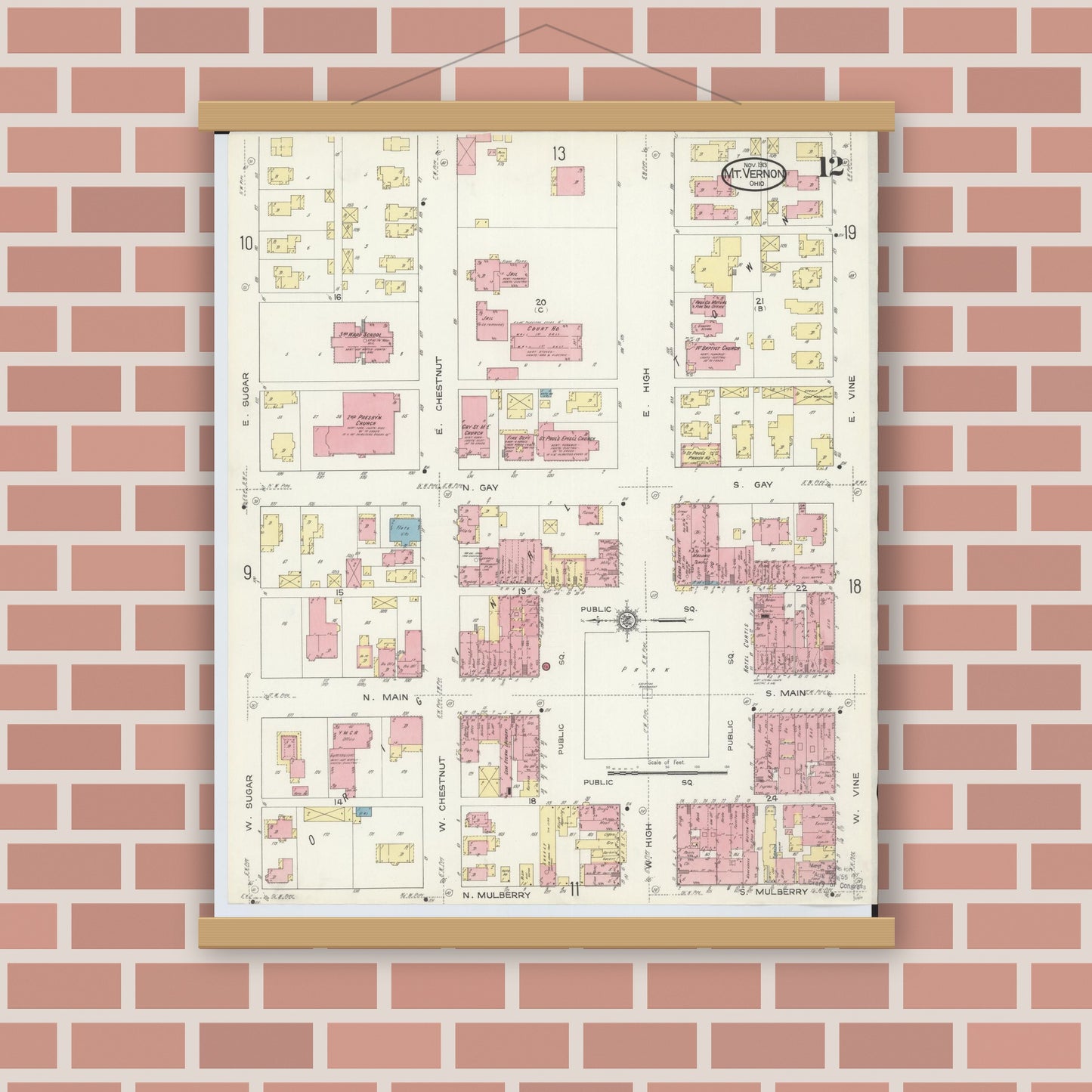 Old map wall art mockup — magnetic wood frame on brick wall — Sanborn Fire Insurance Map from Mount Vernon, Knox County, Ohio (1913), Sheet #0012