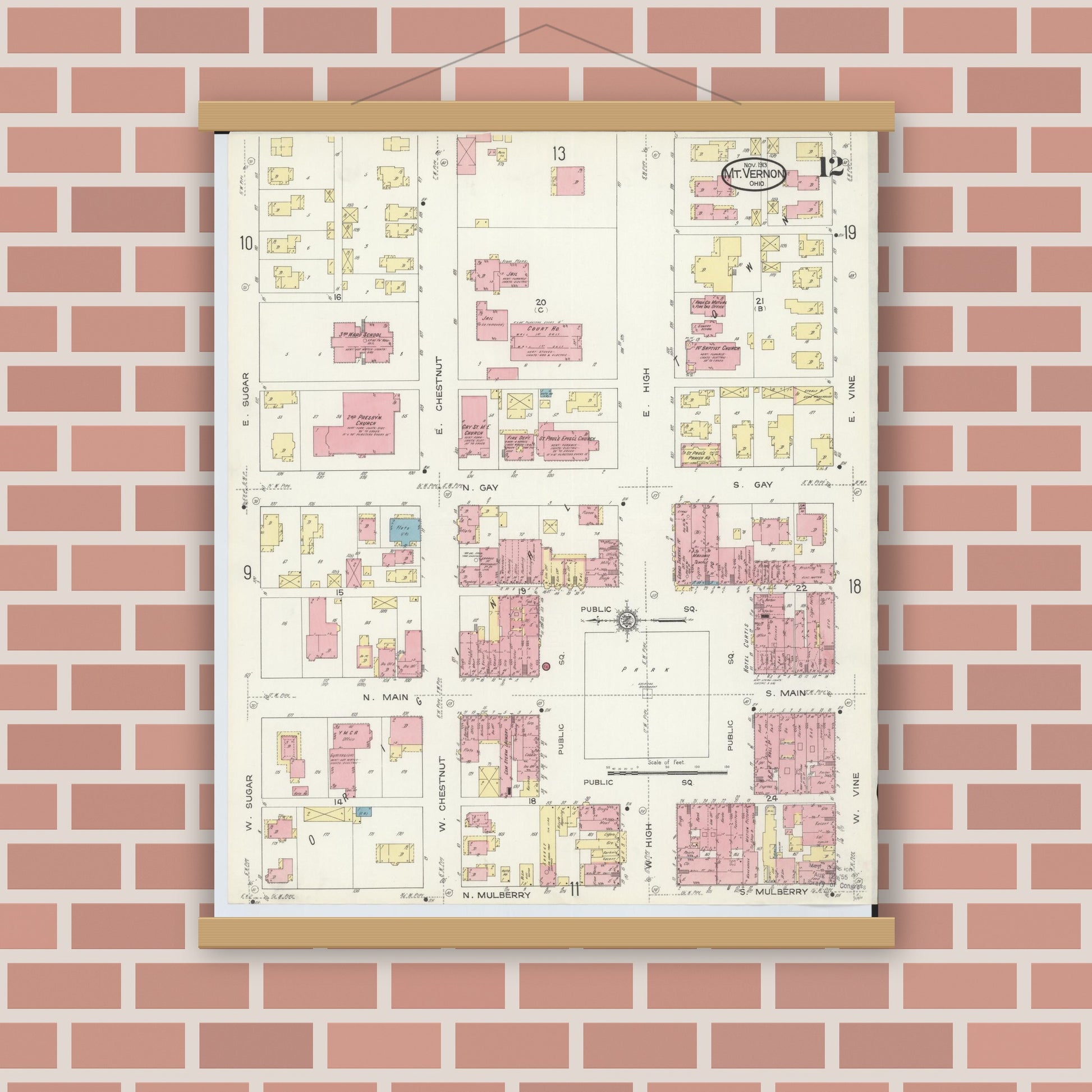 Old map wall art mockup — magnetic wood frame on brick wall — Sanborn Fire Insurance Map from Mount Vernon, Knox County, Ohio (1913), Sheet #0012