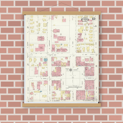 Old map wall art mockup — magnetic wood frame on brick wall — Sanborn Fire Insurance Map from Mount Vernon, Knox County, Ohio (1913), Sheet #0012