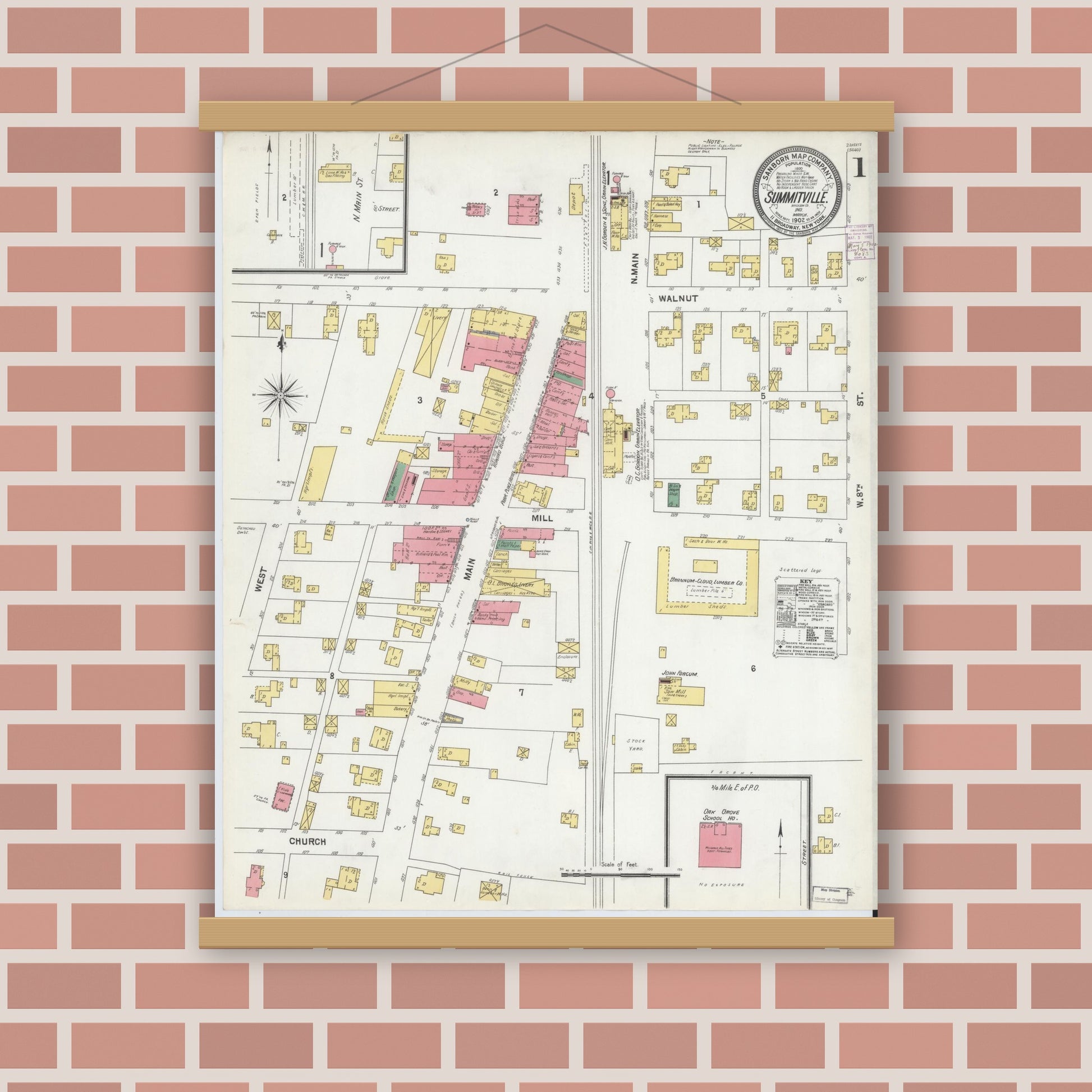 Old map wall art mockup — magnetic wood frame on brick wall — Sanborn Fire Insurance Map from Summitville, Madison County, Indiana (1902) - Complete Map Set