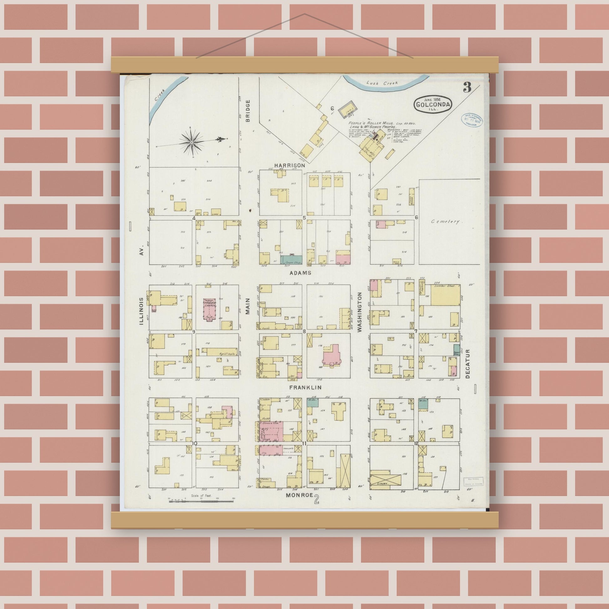 Old map wall art mockup — magnetic wood frame on brick wall — Sanborn Fire Insurance Map from Golconda, Pope County, Illinois (1894), Sheet #0003