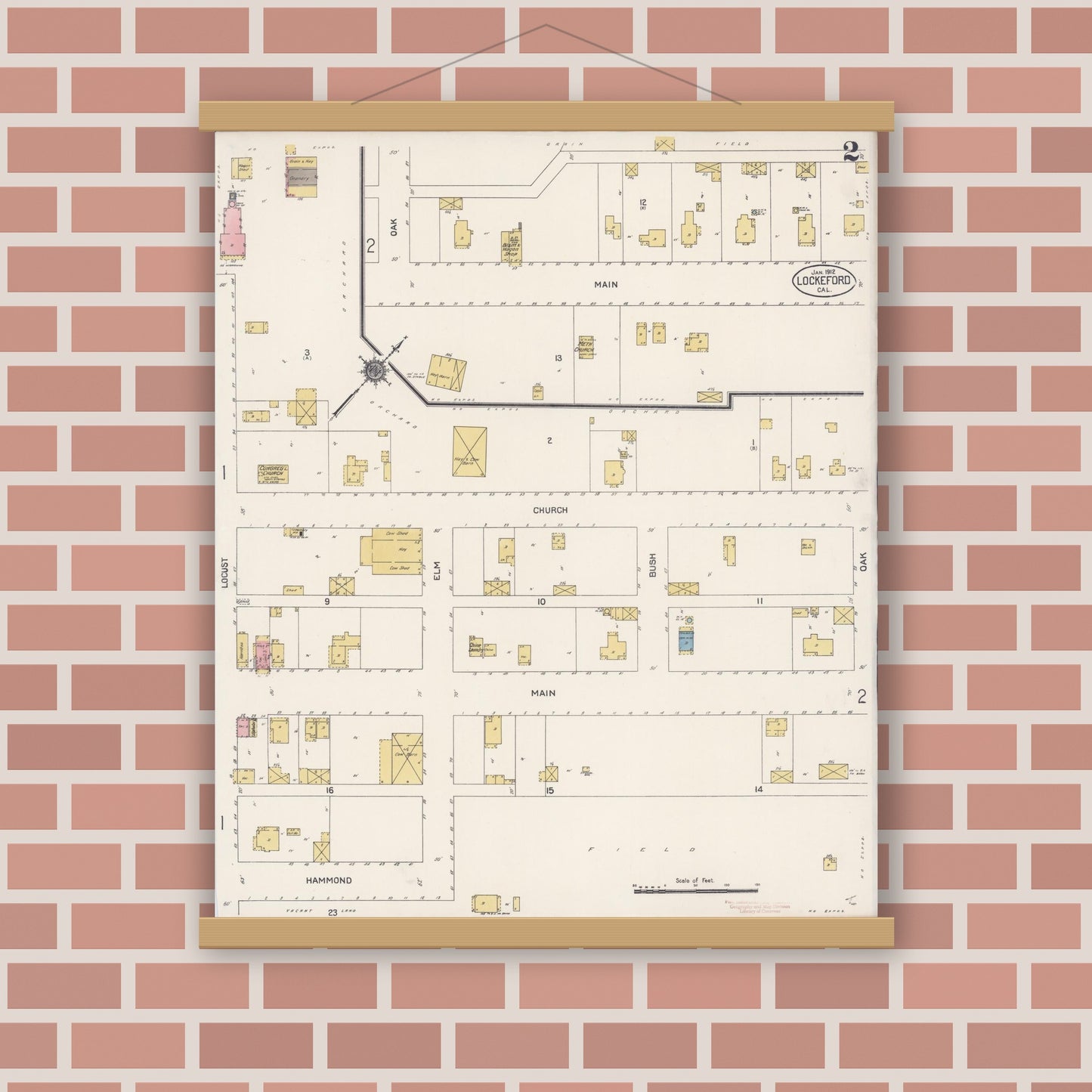 Old map wall art mockup — magnetic wood frame on brick wall — Sanborn Fire Insurance Map from Lockeford, San Joaquin County, California (1912), Sheet #0002