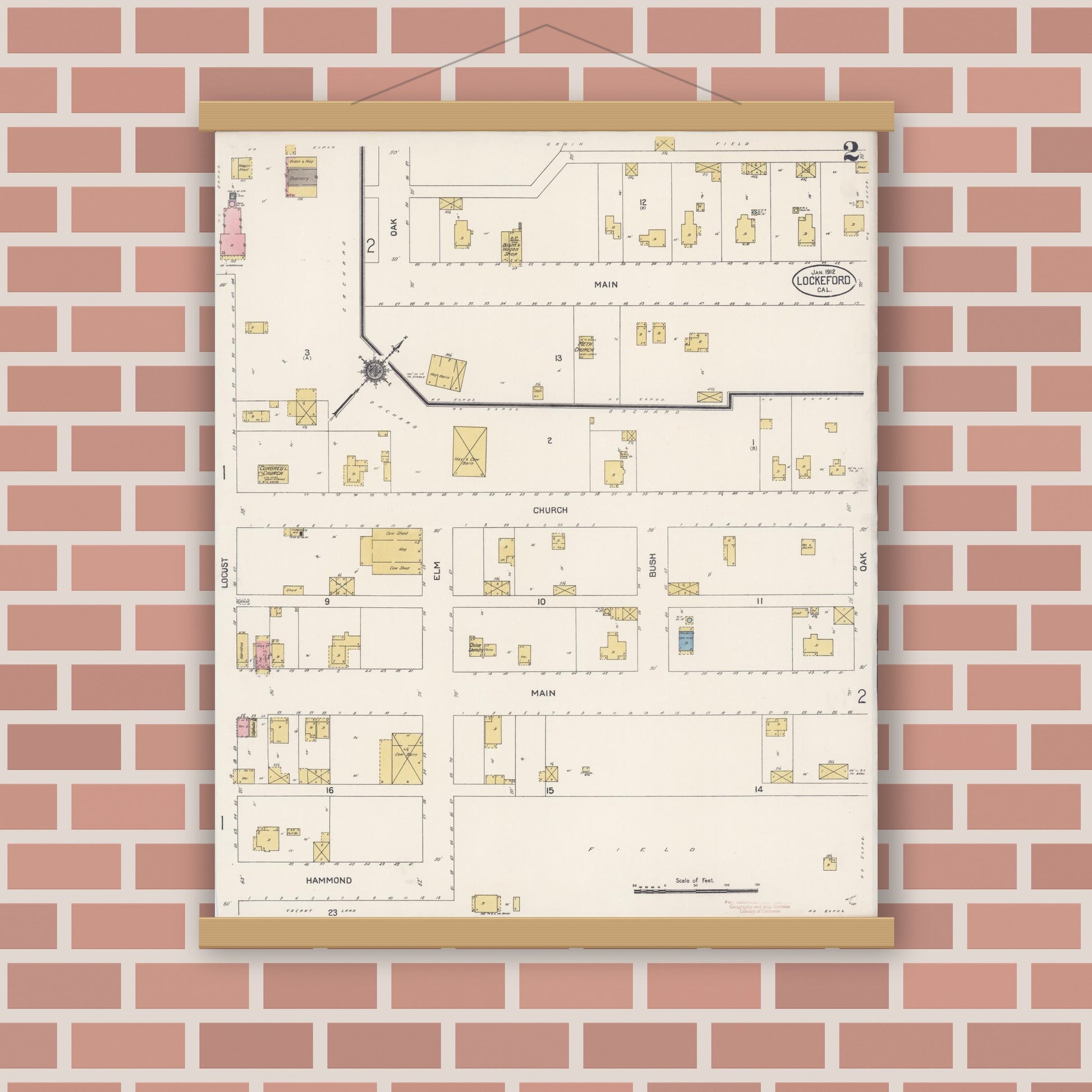 Old map wall art mockup — magnetic wood frame on brick wall — Sanborn Fire Insurance Map from Lockeford, San Joaquin County, California (1912), Sheet #0002
