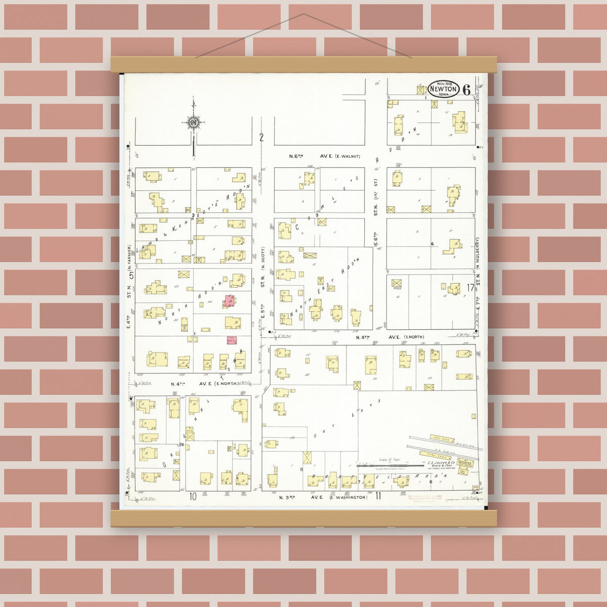 Old map wall art mockup — magnetic wood frame on brick wall — Sanborn Fire Insurance Map from Newton, Jasper County, Iowa (1918), Sheet #0006
