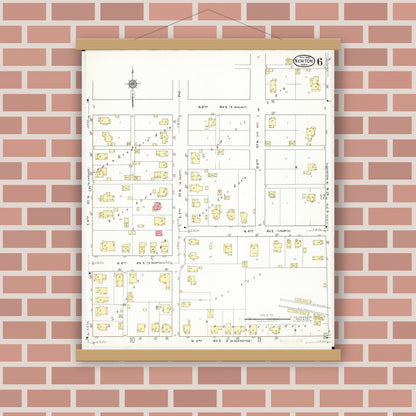 Old map wall art mockup — magnetic wood frame on brick wall — Sanborn Fire Insurance Map from Newton, Jasper County, Iowa (1918), Sheet #0006