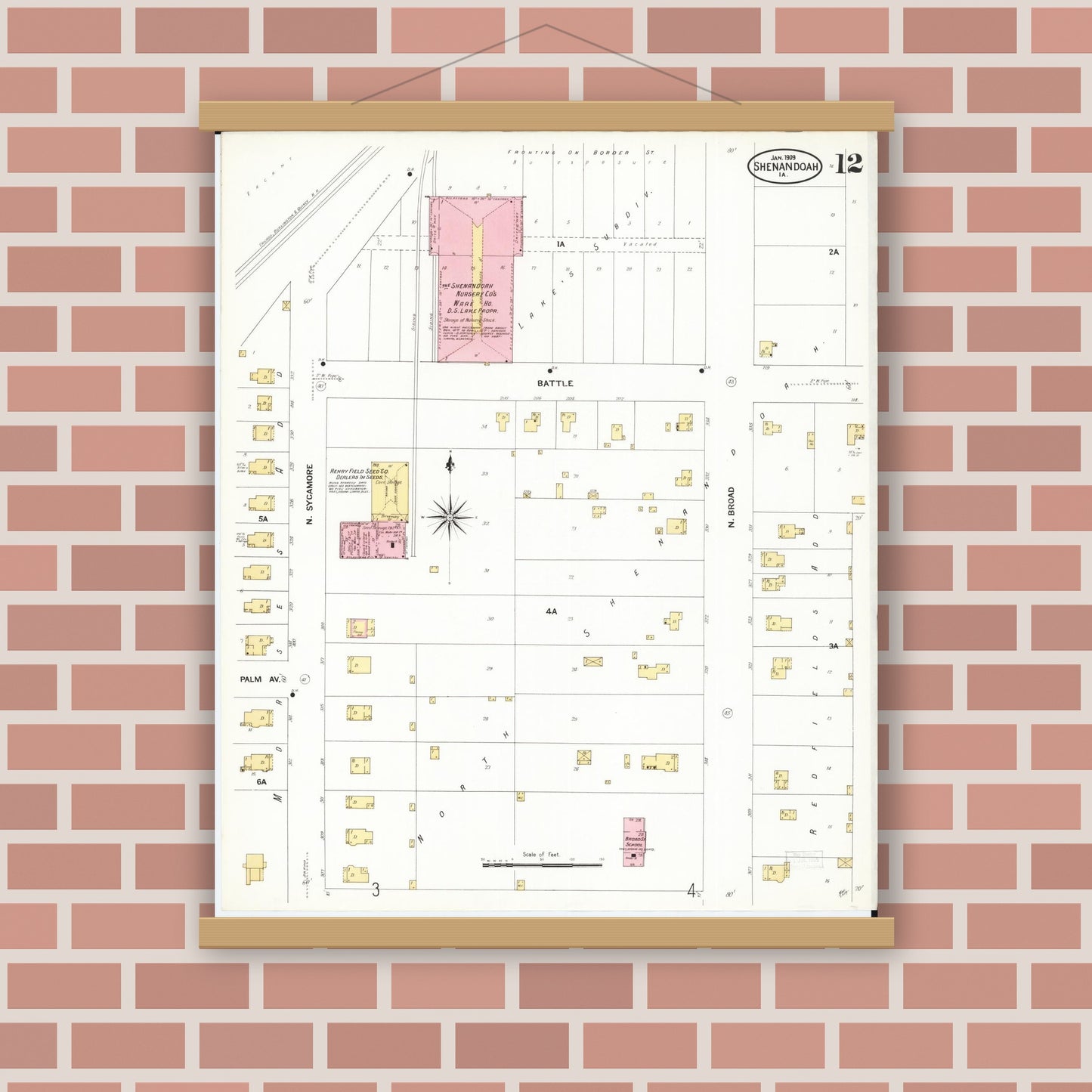 Old map wall art mockup — magnetic wood frame on brick wall — Sanborn Fire Insurance Map from Shenandoah, Page County, Iowa (1909), Sheet #0012