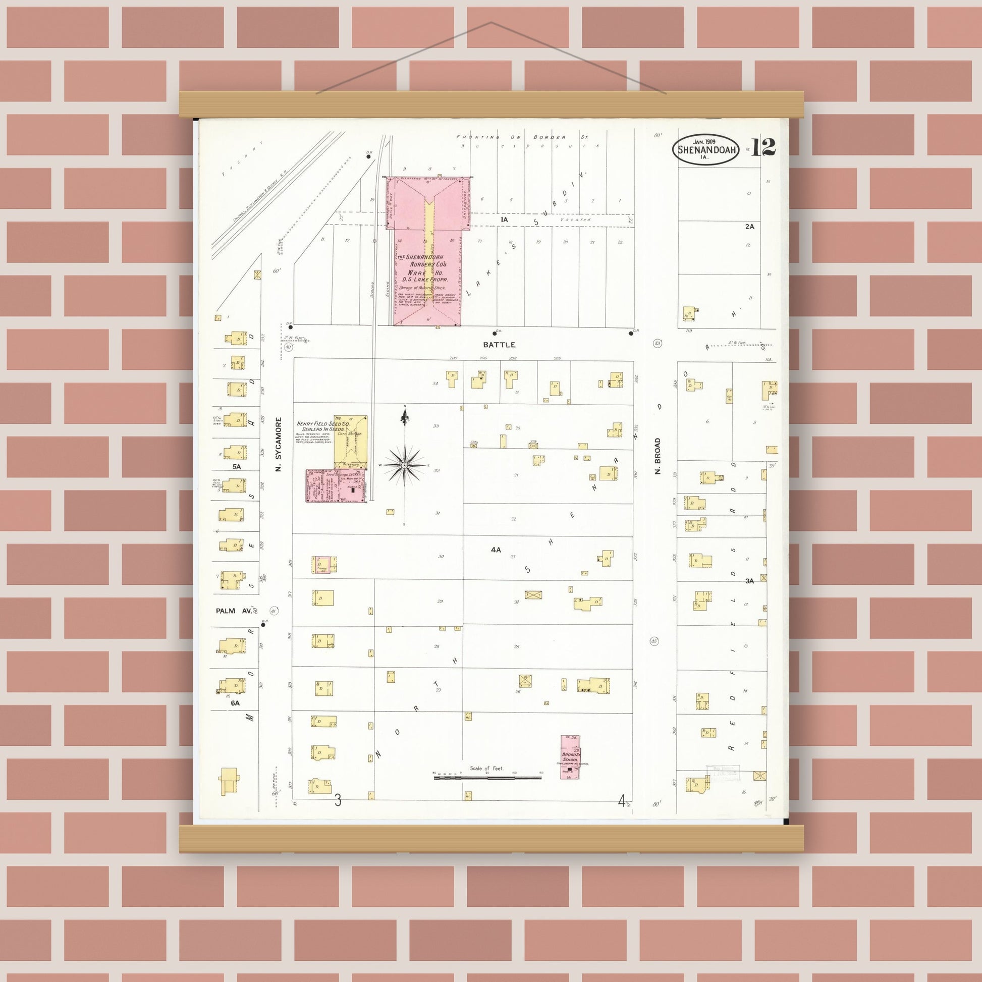 Old map wall art mockup — magnetic wood frame on brick wall — Sanborn Fire Insurance Map from Shenandoah, Page County, Iowa (1909), Sheet #0012