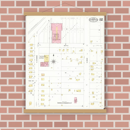 Old map wall art mockup — magnetic wood frame on brick wall — Sanborn Fire Insurance Map from Shenandoah, Page County, Iowa (1909), Sheet #0012