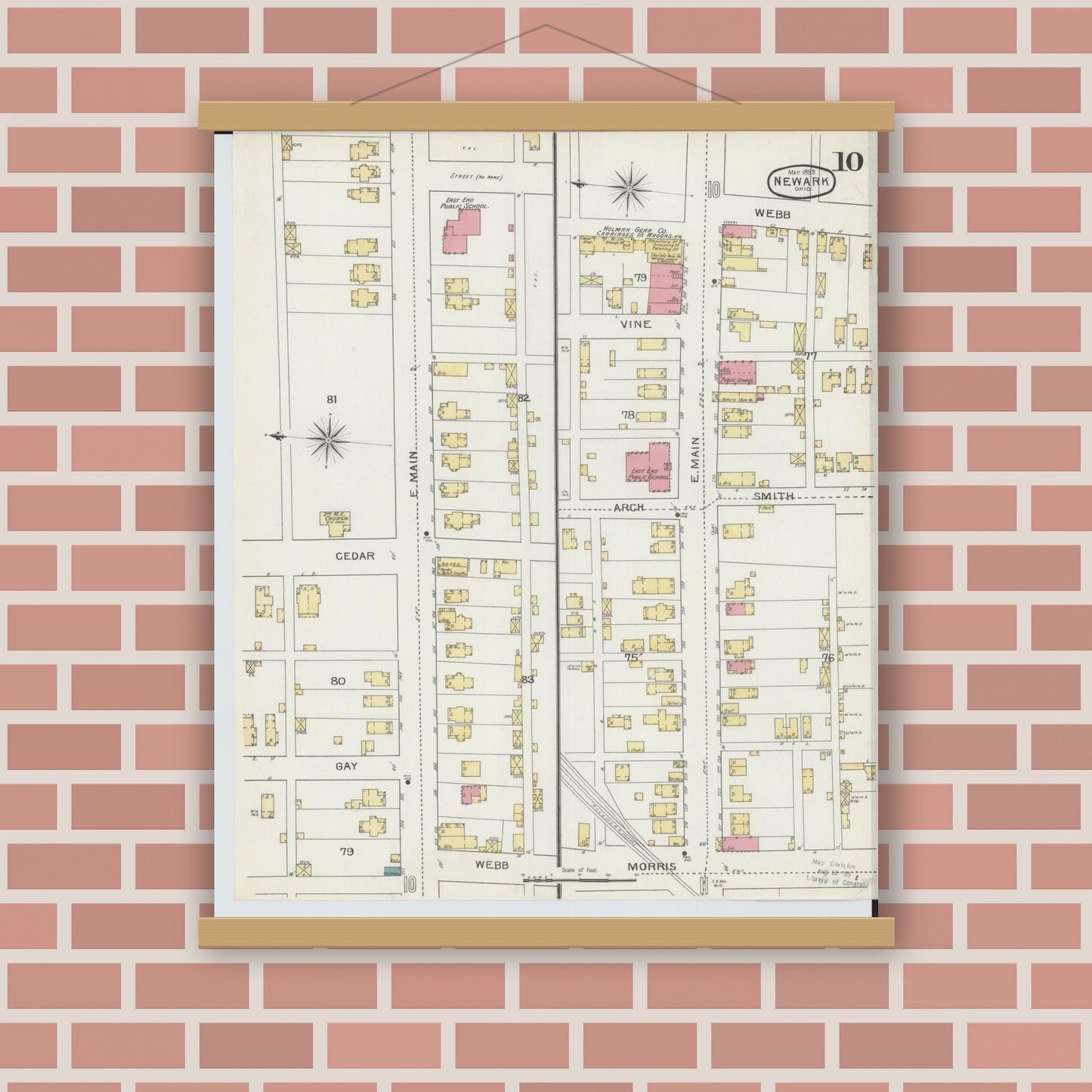 Old map wall art mockup — magnetic wood frame on brick wall — Sanborn Fire Insurance Map from Newark, Licking County, Ohio (1893), Sheet #0010
