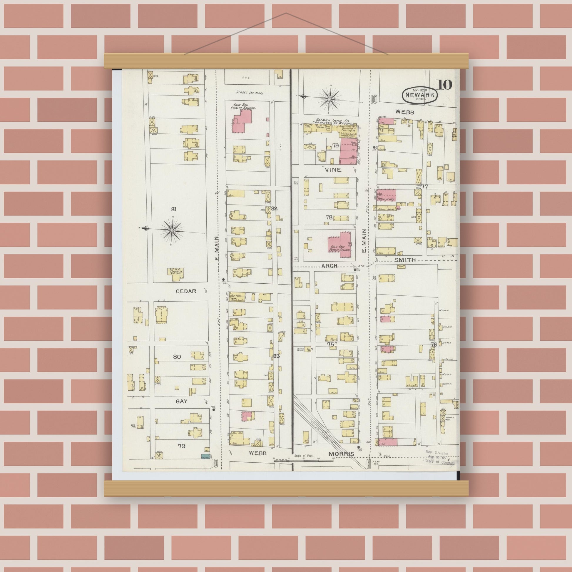 Old map wall art mockup — magnetic wood frame on brick wall — Sanborn Fire Insurance Map from Newark, Licking County, Ohio (1893), Sheet #0010