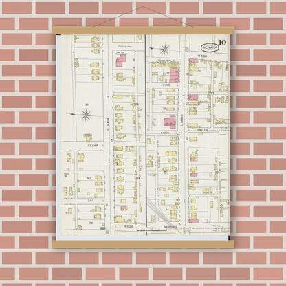 Old map wall art mockup — magnetic wood frame on brick wall — Sanborn Fire Insurance Map from Newark, Licking County, Ohio (1893), Sheet #0010