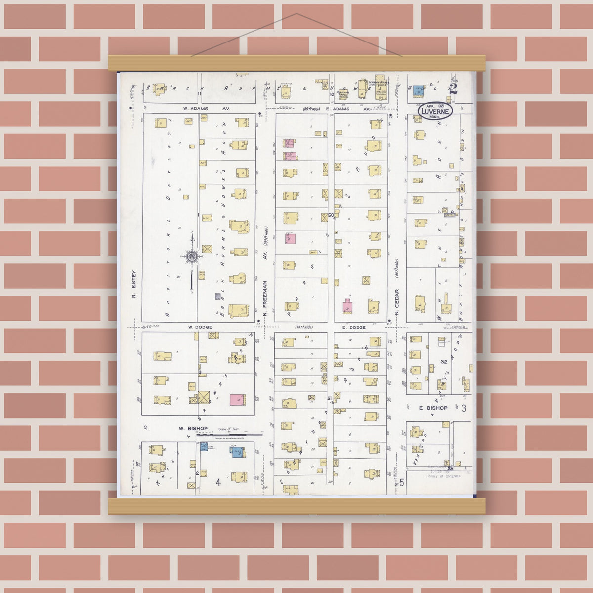 Old map wall art mockup — magnetic wood frame on brick wall — Sanborn Fire Insurance Map from Luverne, Rock County, Minnesota (1921), Sheet #0002