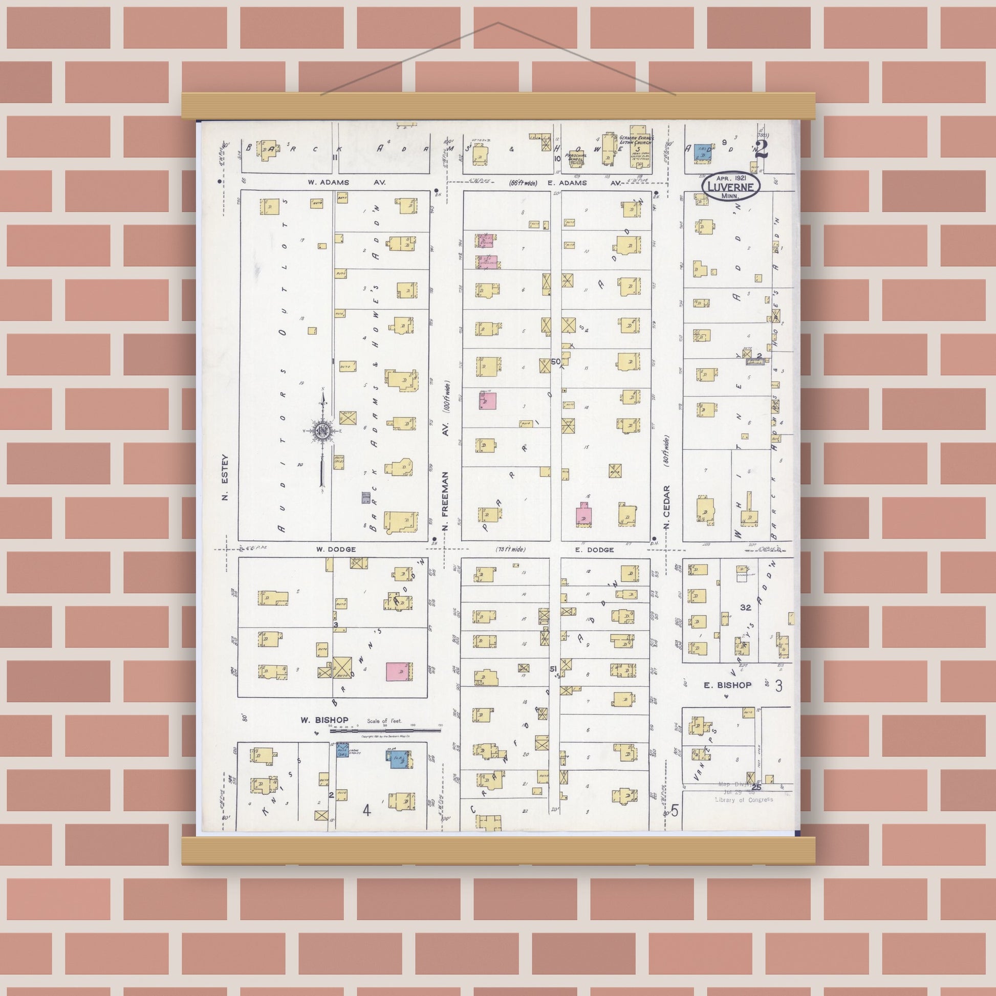 Old map wall art mockup — magnetic wood frame on brick wall — Sanborn Fire Insurance Map from Luverne, Rock County, Minnesota (1921), Sheet #0002