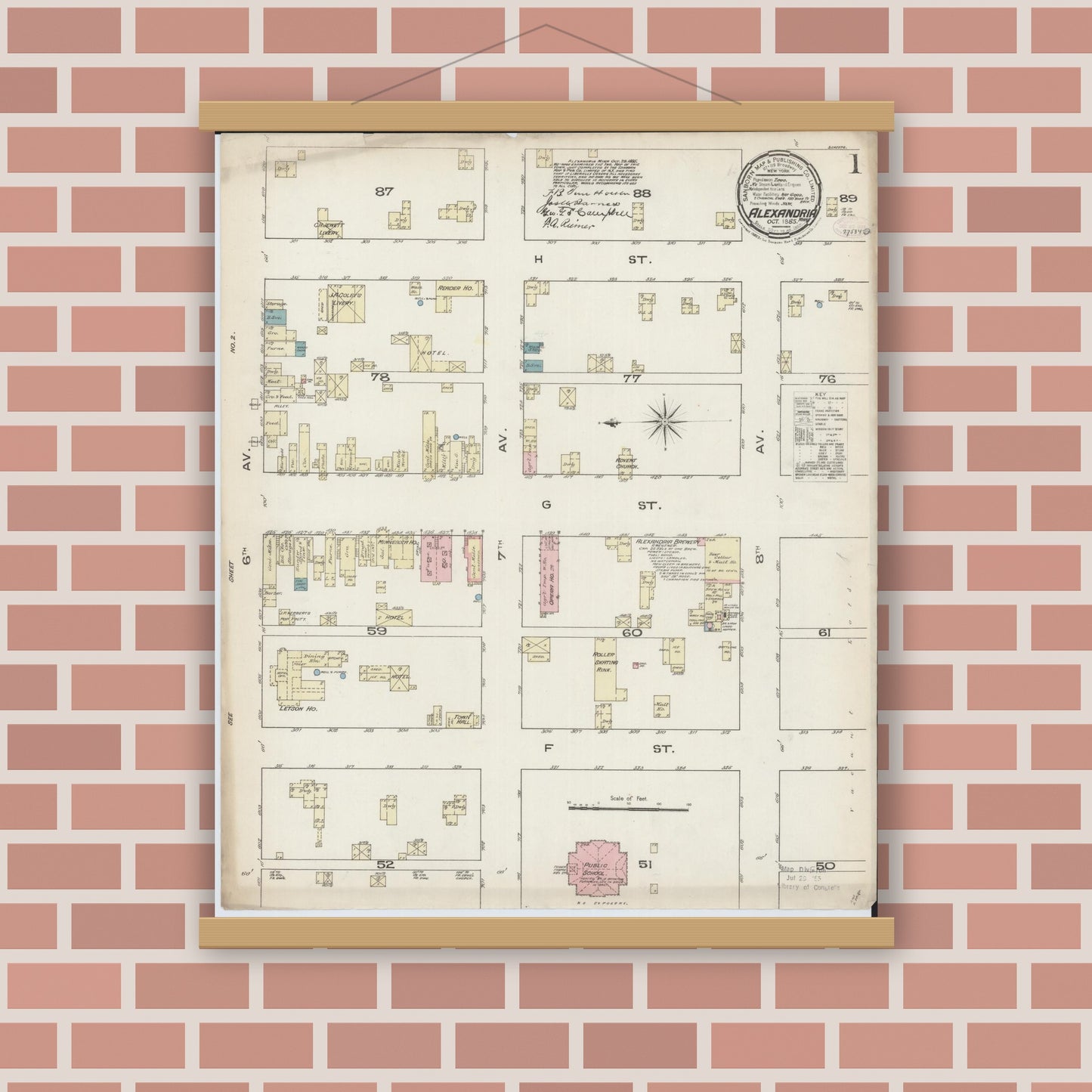 Old map wall art mockup — magnetic wood frame on brick wall — Sanborn Fire Insurance Map from Alexandria, Douglas County, Minnesota (1885) - Complete Map Set
