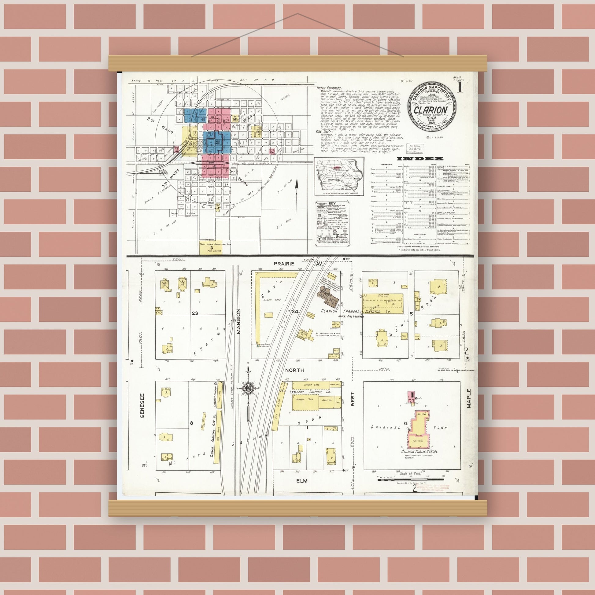 Old map wall art mockup — magnetic wood frame on brick wall — Sanborn Fire Insurance Map from Clarion, Wright County, Iowa (1921), Sheet #0001