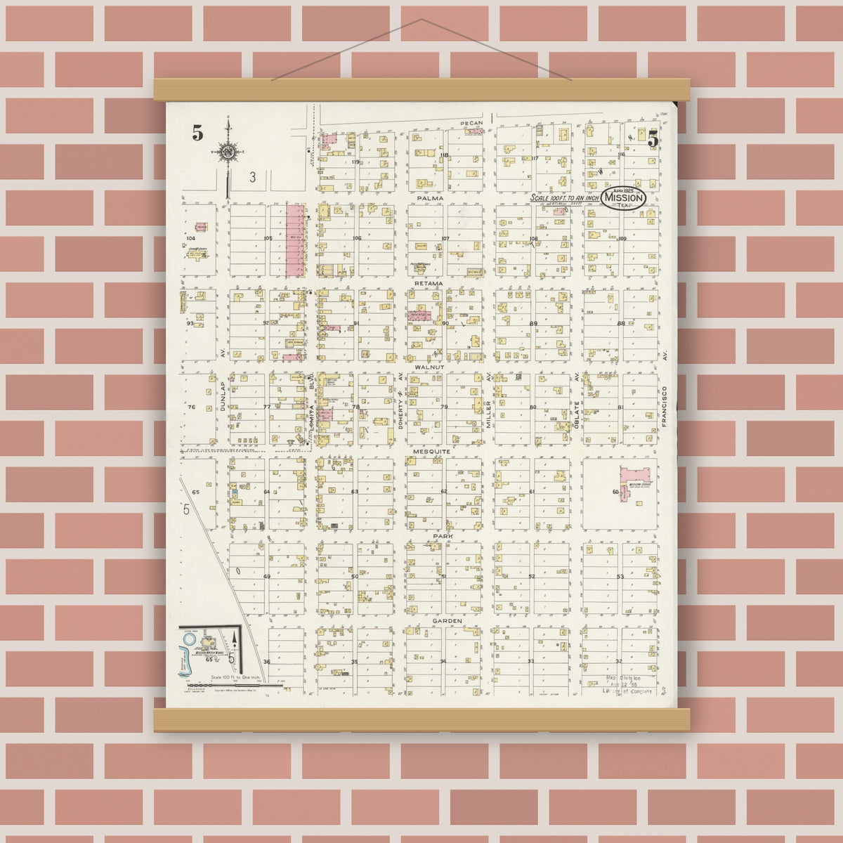 Old map wall art mockup — magnetic wood frame on brick wall — Sanborn Fire Insurance Map from Mission, Hidalgo County, Texas (1925), Sheet #0005