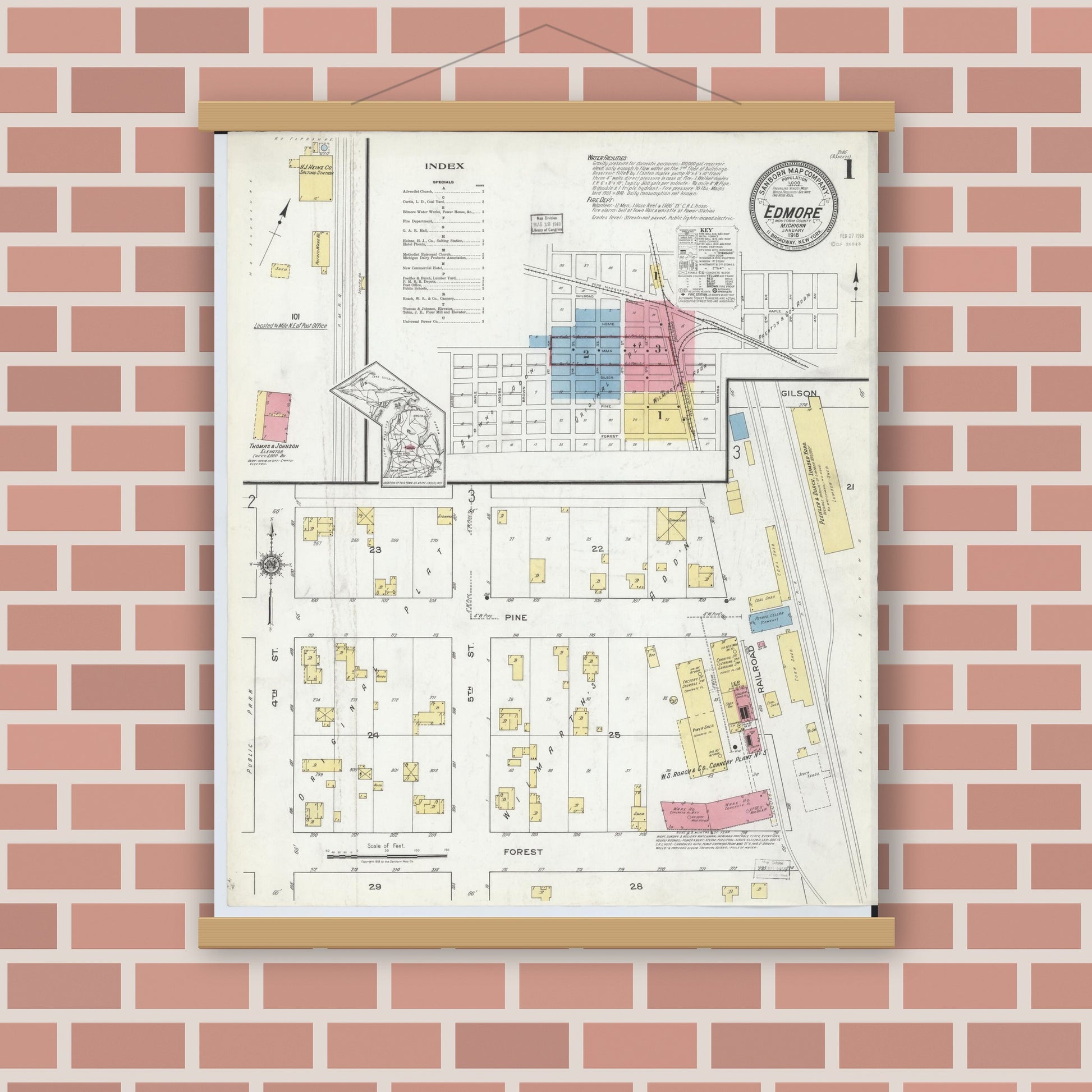 Old map wall art mockup — magnetic wood frame on brick wall — Sanborn Fire Insurance Map from Edmore, Montcalm County, Michigan (1918), Sheet #0001
