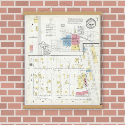 Old map wall art mockup — magnetic wood frame on brick wall — Sanborn Fire Insurance Map from Edmore, Montcalm County, Michigan (1918), Sheet #0001