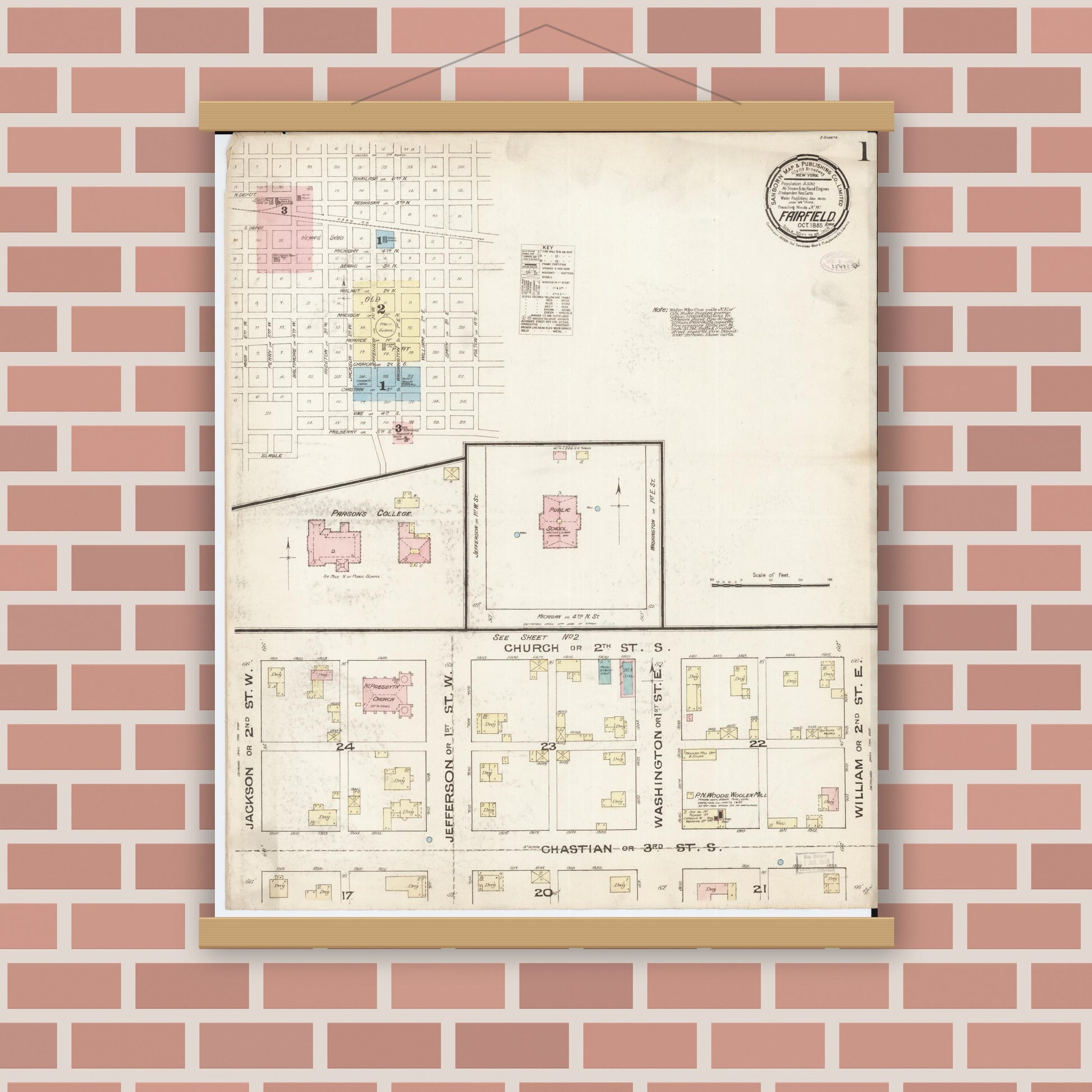 Old map wall art mockup — magnetic wood frame on brick wall — Sanborn Fire Insurance Map from Fairfield, Jefferson County, Iowa (1885), Sheet #0001