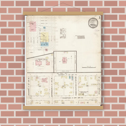 Old map wall art mockup — magnetic wood frame on brick wall — Sanborn Fire Insurance Map from Fairfield, Jefferson County, Iowa (1885), Sheet #0001