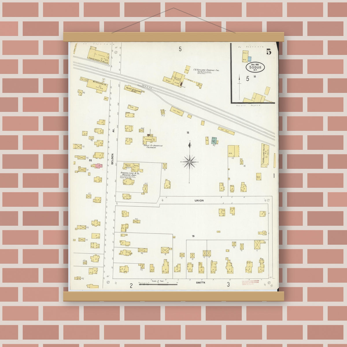Old map wall art mockup — magnetic wood frame on brick wall — Sanborn Fire Insurance Map from Sodus, Wayne County, New York (1906), Sheet #0005
