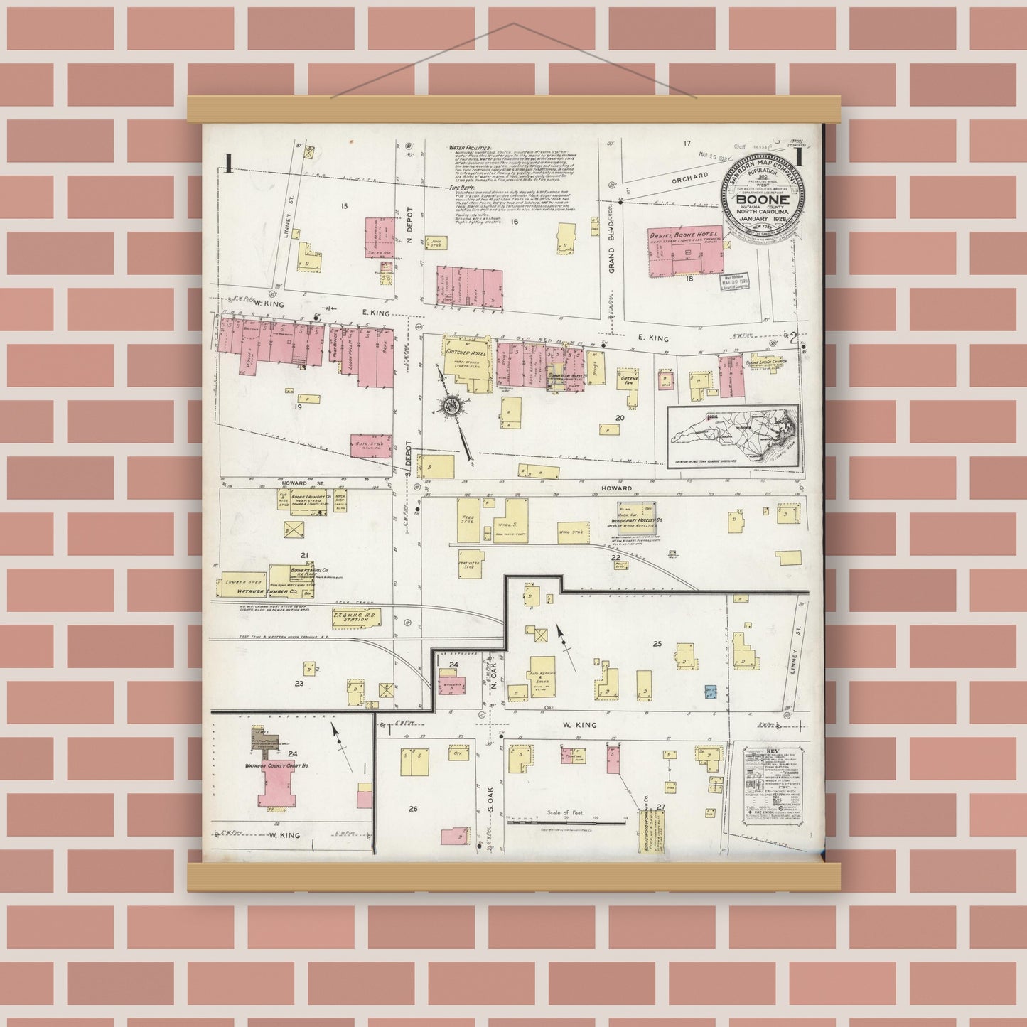 Old map wall art mockup — magnetic wood frame on brick wall — Sanborn Fire Insurance Map from Boone, Watauga County, North Carolina (1928) - Complete Map Set