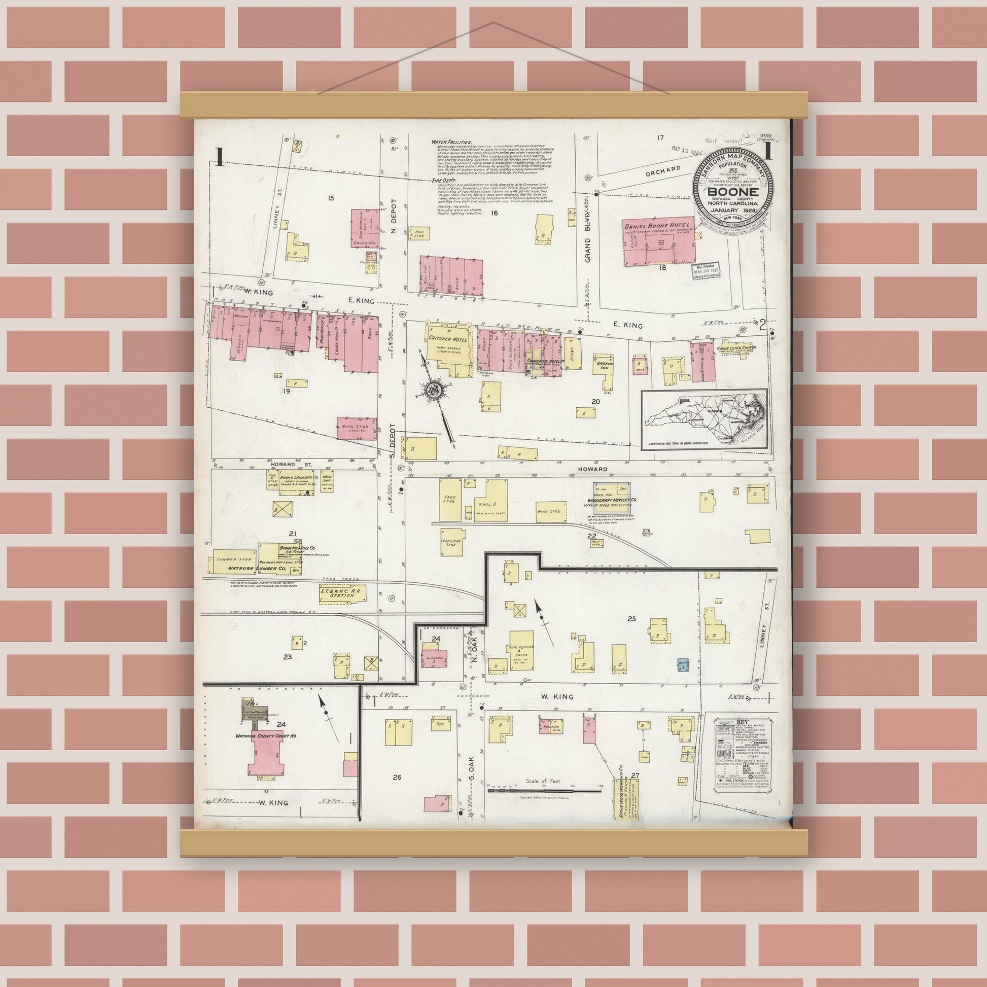 Old map wall art mockup — magnetic wood frame on brick wall — Sanborn Fire Insurance Map from Boone, Watauga County, North Carolina (1928) - Complete Map Set