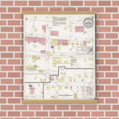 Old map wall art mockup — magnetic wood frame on brick wall — Sanborn Fire Insurance Map from Boone, Watauga County, North Carolina (1928) - Complete Map Set