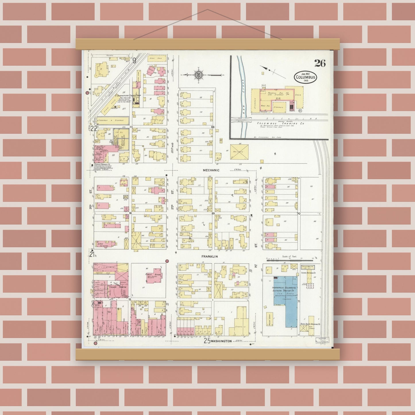 Old map wall art mockup — magnetic wood frame on brick wall — Sanborn Fire Insurance Map from Columbus, Bartholomew County, Indiana (1912), Sheet #0026