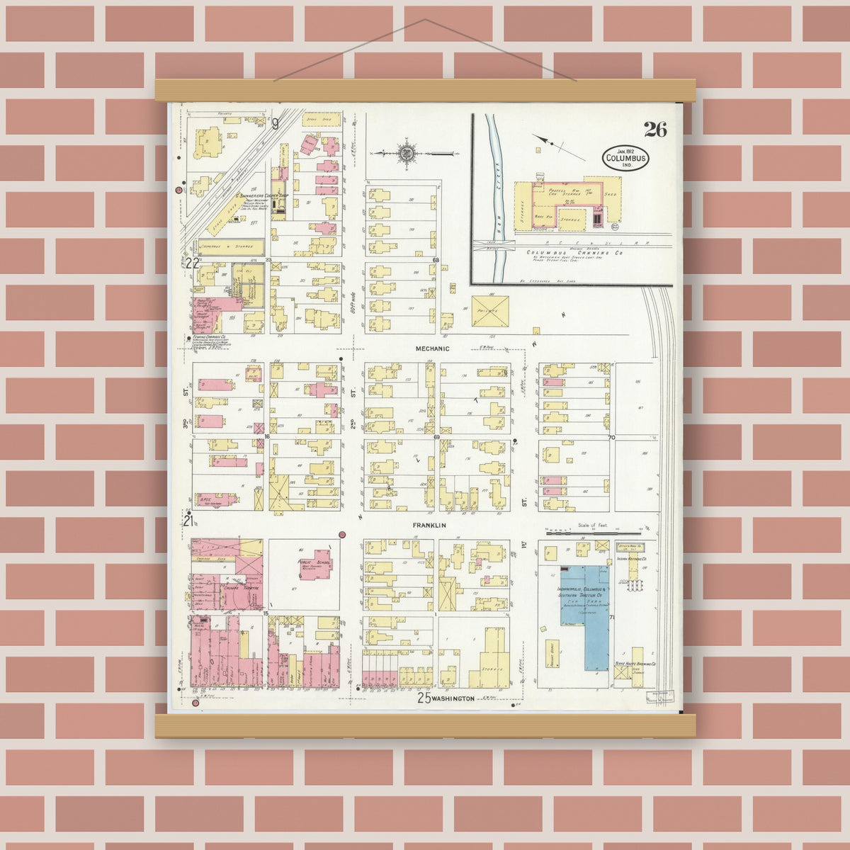 Old map wall art mockup — magnetic wood frame on brick wall — Sanborn Fire Insurance Map from Columbus, Bartholomew County, Indiana (1912), Sheet #0026
