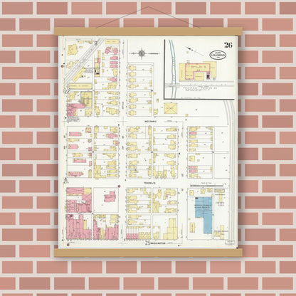 Old map wall art mockup — magnetic wood frame on brick wall — Sanborn Fire Insurance Map from Columbus, Bartholomew County, Indiana (1912), Sheet #0026