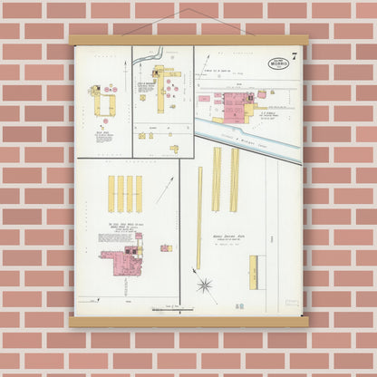 Old map wall art mockup — magnetic wood frame on brick wall — Sanborn Fire Insurance Map from Morris, Grundy County, Illinois (1900), Sheet #0007